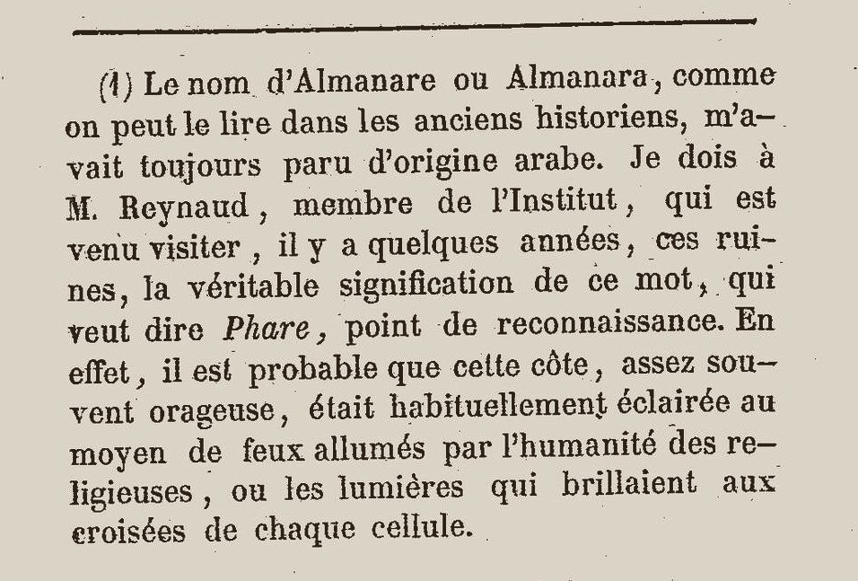 La note de la page 31 des Promenades pittoresques à Hyères, où Alphonse Denis attribue pour la première fois une origine arabe au nom de l'Almanarre