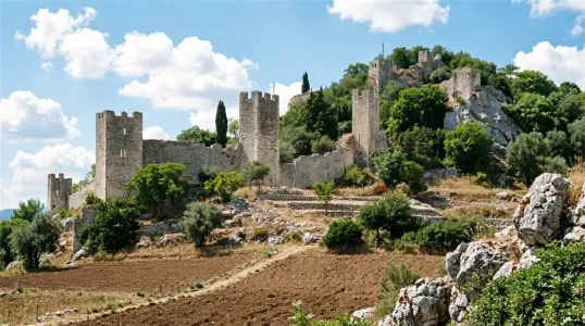 Les ruines d'un château médiéval sur son rocher : tours crénelées, courtines et maquis.