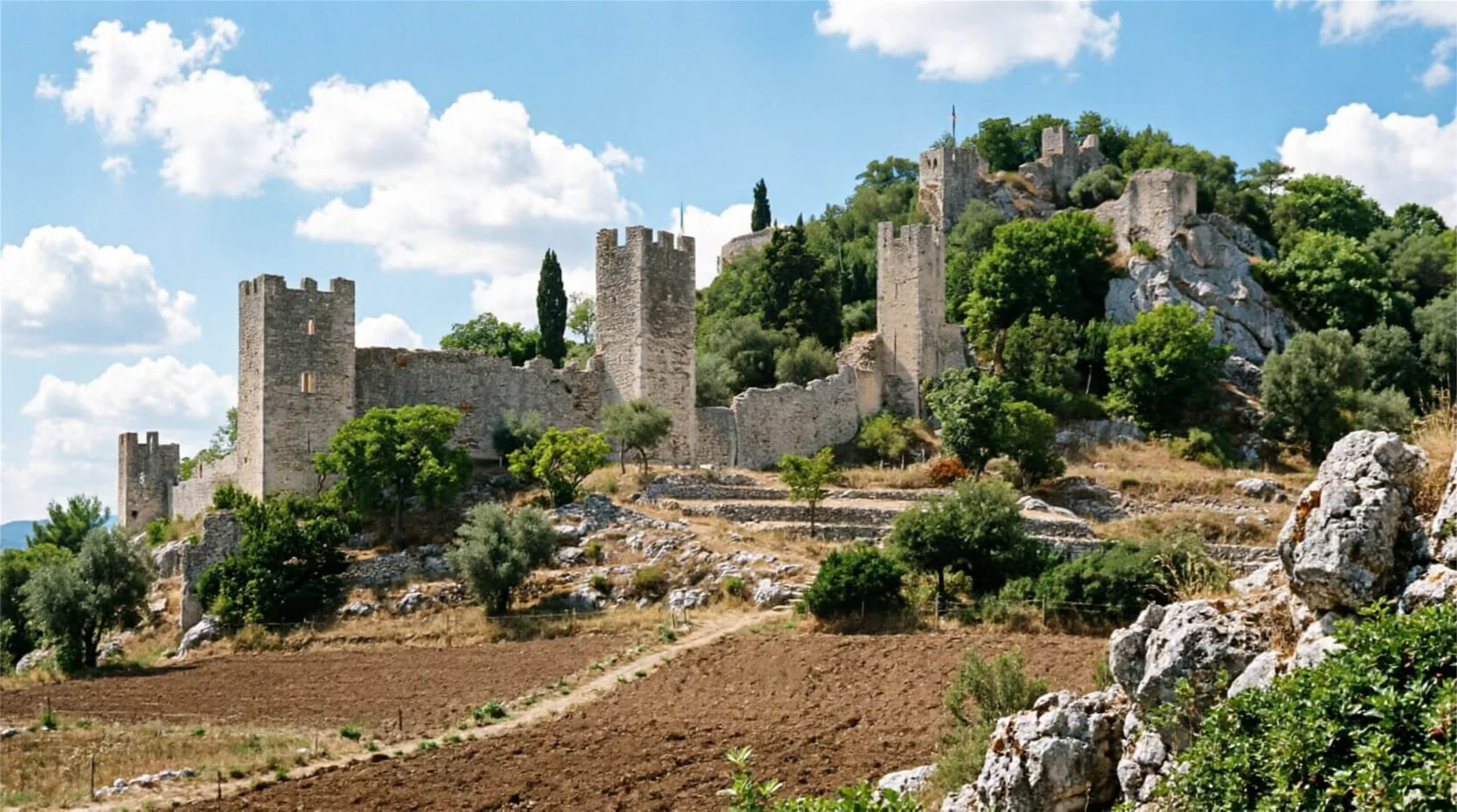 Les ruines d'un château médiéval sur son rocher : tours crénelées, courtines et maquis.